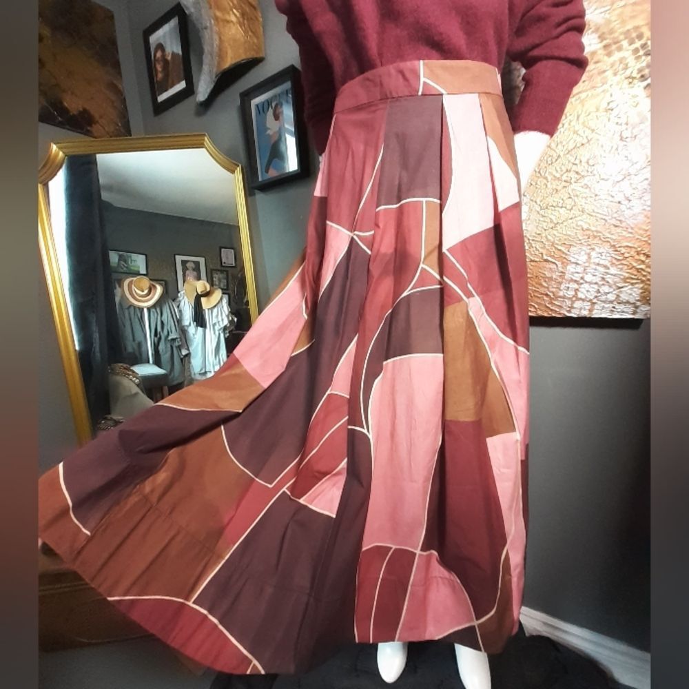 Zara Nwt 100% Cotton Geometric Patterned Full Midi Skirt